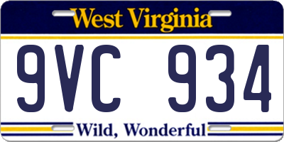 WV license plate 9VC934