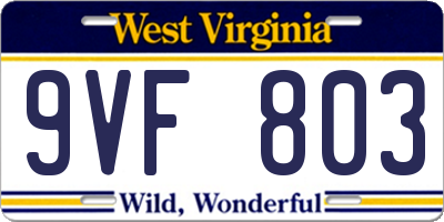 WV license plate 9VF803