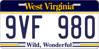 WV license plate 9VF980