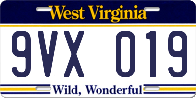 WV license plate 9VX019