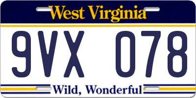 WV license plate 9VX078