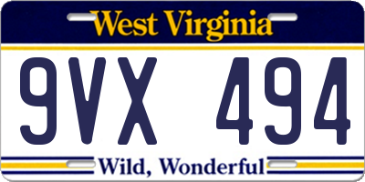 WV license plate 9VX494