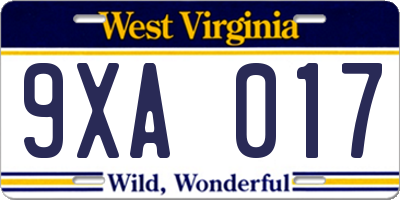 WV license plate 9XA017