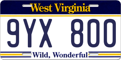 WV license plate 9YX800