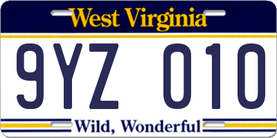 WV license plate 9YZ010