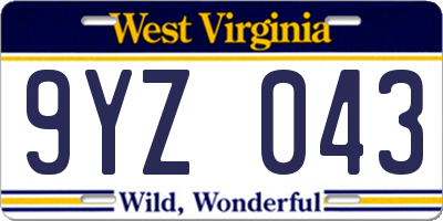 WV license plate 9YZ043