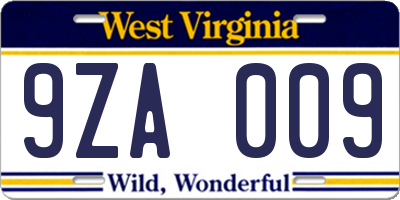 WV license plate 9ZA009
