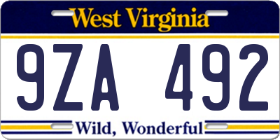 WV license plate 9ZA492