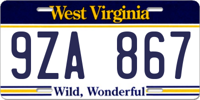 WV license plate 9ZA867