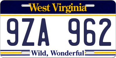 WV license plate 9ZA962
