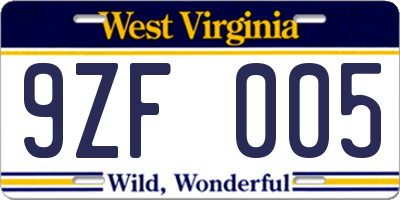 WV license plate 9ZF005