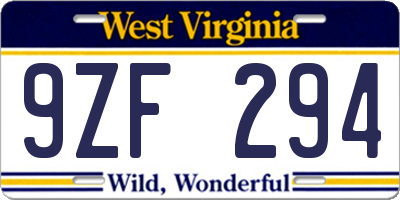 WV license plate 9ZF294