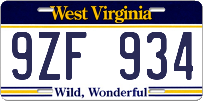 WV license plate 9ZF934