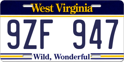 WV license plate 9ZF947