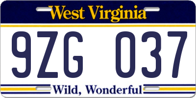 WV license plate 9ZG037