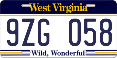 WV license plate 9ZG058