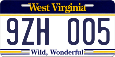 WV license plate 9ZH005