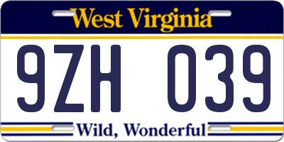 WV license plate 9ZH039