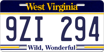 WV license plate 9ZI294