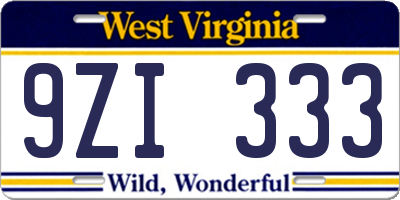WV license plate 9ZI333