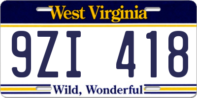 WV license plate 9ZI418