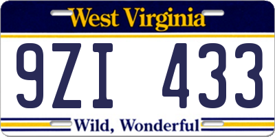 WV license plate 9ZI433
