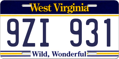 WV license plate 9ZI931