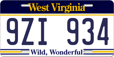 WV license plate 9ZI934