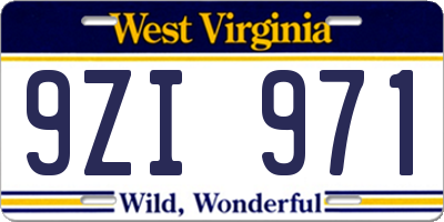 WV license plate 9ZI971