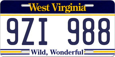 WV license plate 9ZI988