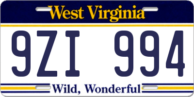 WV license plate 9ZI994