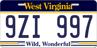 WV license plate 9ZI997