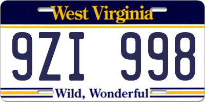 WV license plate 9ZI998