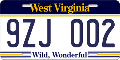 WV license plate 9ZJ002