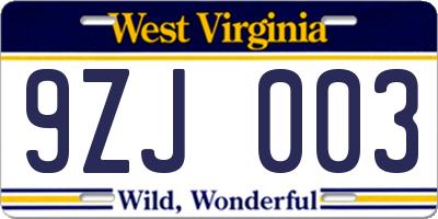 WV license plate 9ZJ003