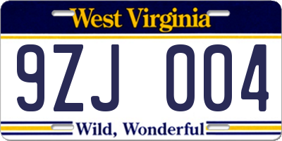 WV license plate 9ZJ004
