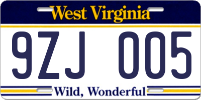 WV license plate 9ZJ005