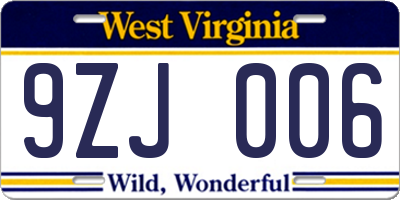 WV license plate 9ZJ006