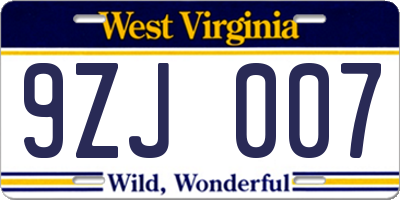 WV license plate 9ZJ007