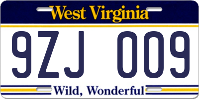 WV license plate 9ZJ009
