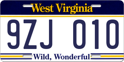 WV license plate 9ZJ010