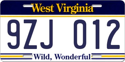 WV license plate 9ZJ012