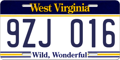 WV license plate 9ZJ016