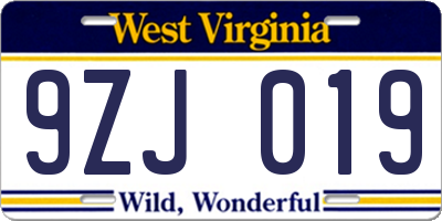 WV license plate 9ZJ019