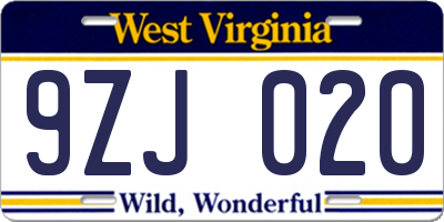 WV license plate 9ZJ020