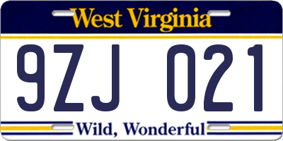 WV license plate 9ZJ021