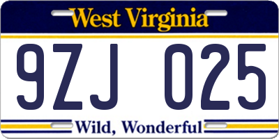 WV license plate 9ZJ025