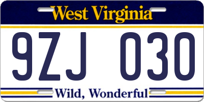 WV license plate 9ZJ030