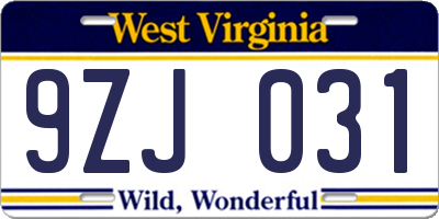 WV license plate 9ZJ031