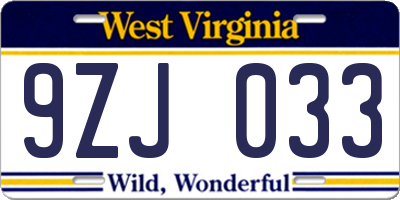 WV license plate 9ZJ033